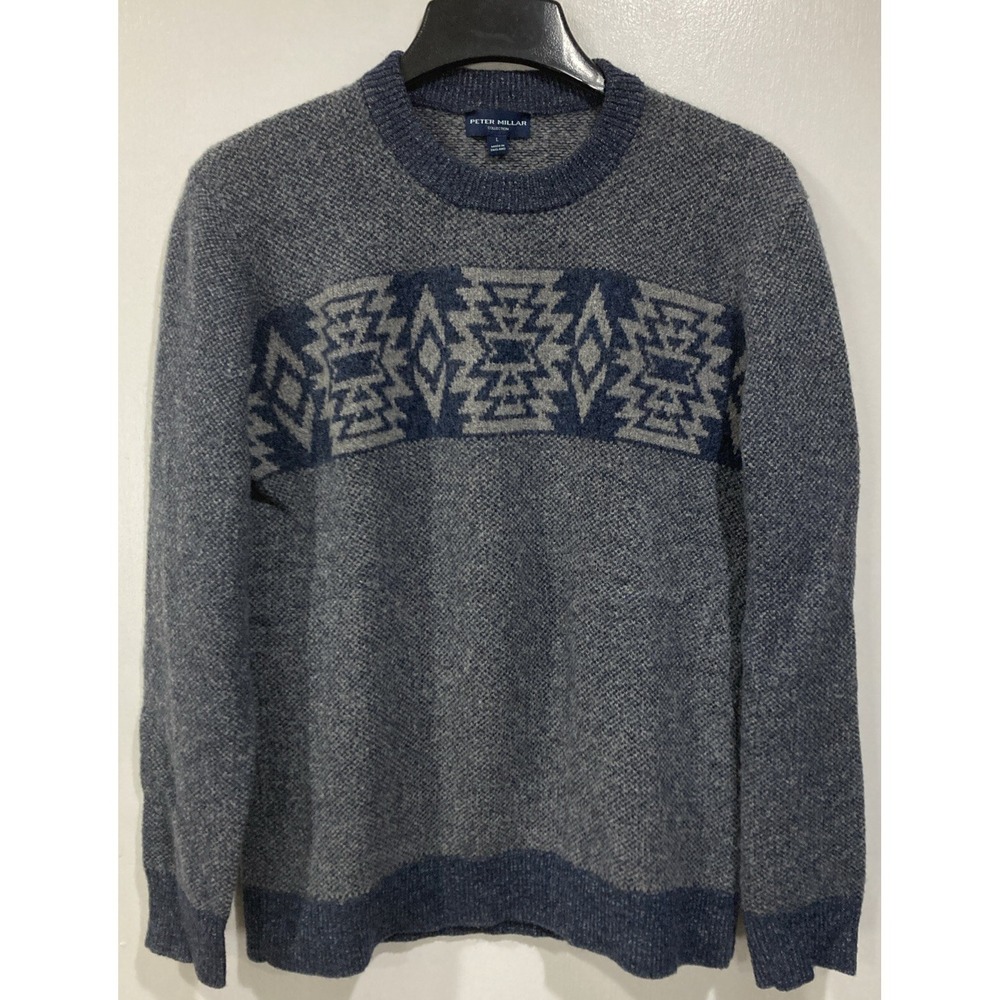 Peter Millar Merino Wool Light Gray/Blue Sweater Aztec Design Size‎ LARGE